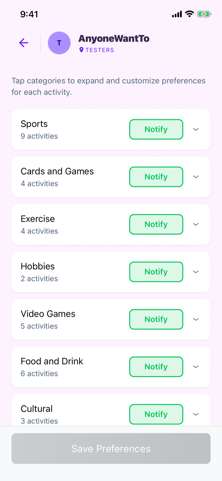 The app's preferences screen: activity categories like Sports, Exercise, Hobbies and Food and Drink, each with a Notify toggle to control which plans you're alerted about.